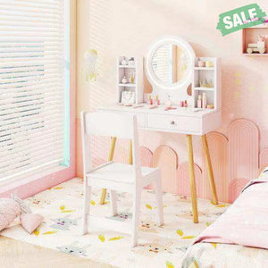 Kids Vanity Set with Lighted Mirror and Storage Drawers-White White Kids Vanities