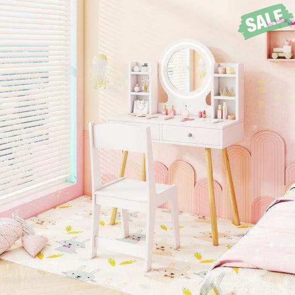 Kids Vanity Set with Lighted Mirror and Storage Drawers-White White Kids Vanities