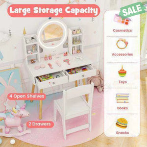 Kids Vanity Set with Lighted Mirror and Storage Drawers-White White Kids Vanities