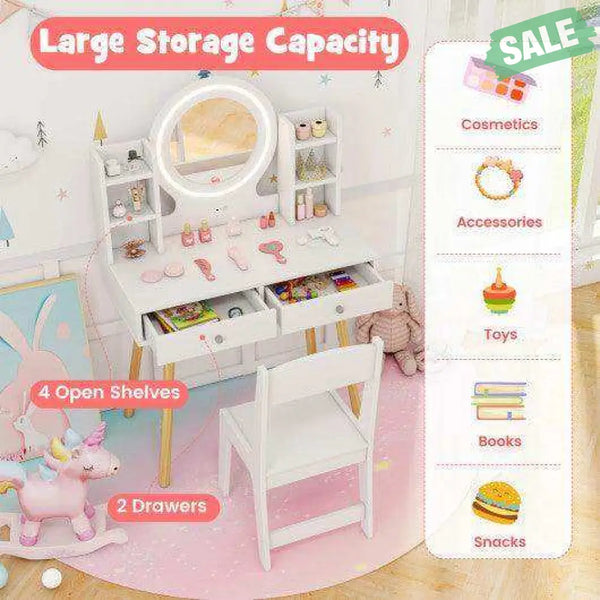 Kids Vanity Set with Lighted Mirror and Storage Drawers-White White Kids Vanities