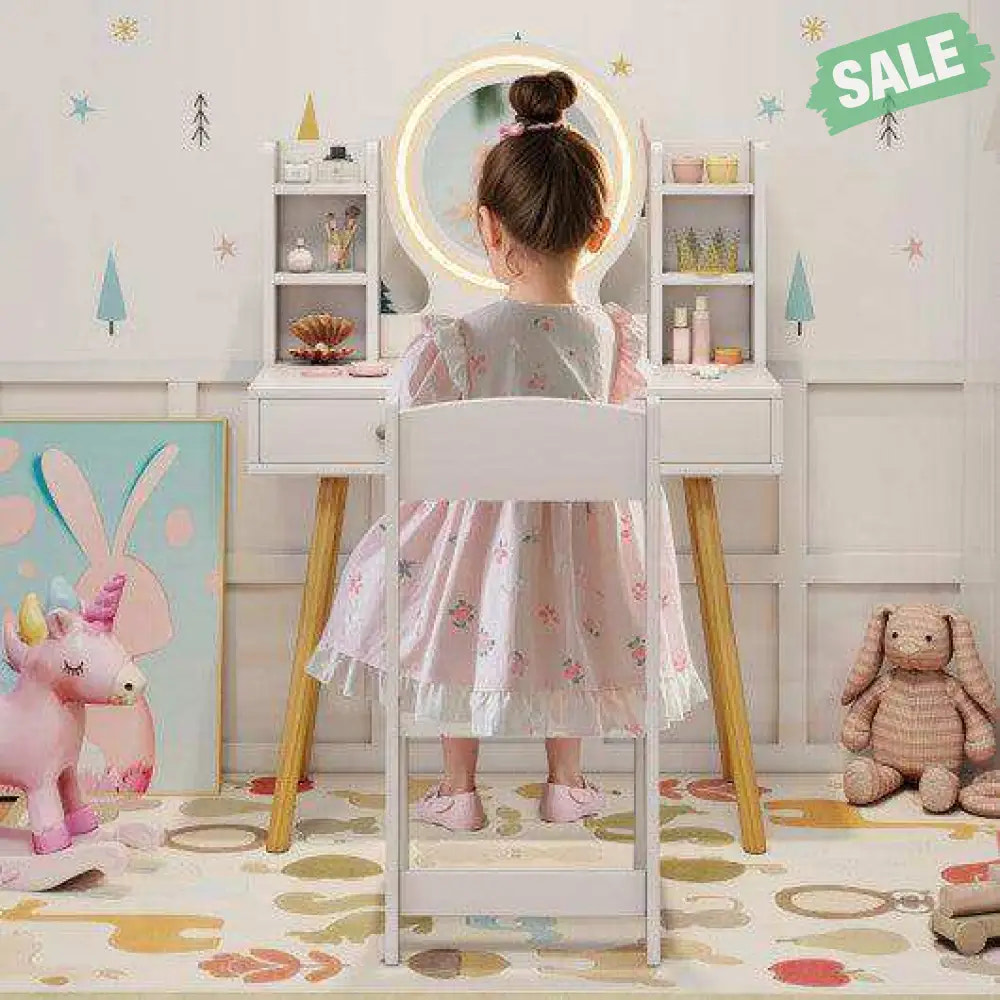 Kids Vanity Set with Lighted Mirror and Storage Drawers-White White Kids Vanities