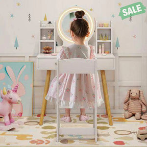 Kids Vanity Set with Lighted Mirror and Storage Drawers-White White Kids Vanities