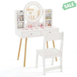 Kids Vanity Set with Lighted Mirror and Storage Drawers-White White Kids Vanities