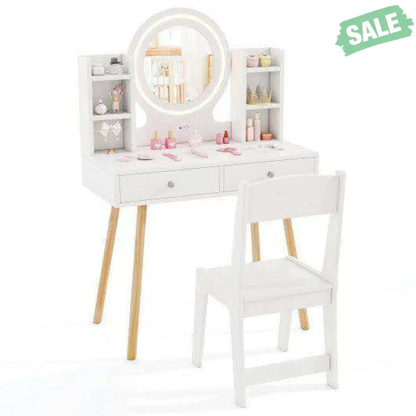 Kids Vanity Set with Lighted Mirror and Storage Drawers-White White Kids Vanities
