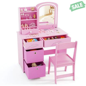 Kids Vanity Set with Lighted Mirror Makeup Desk and Chair Set with Drawers-Pink