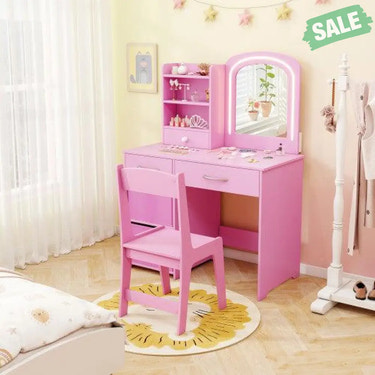 Kids Vanity Set with Lighted Mirror Makeup Desk and Chair Set with Drawers-Pink