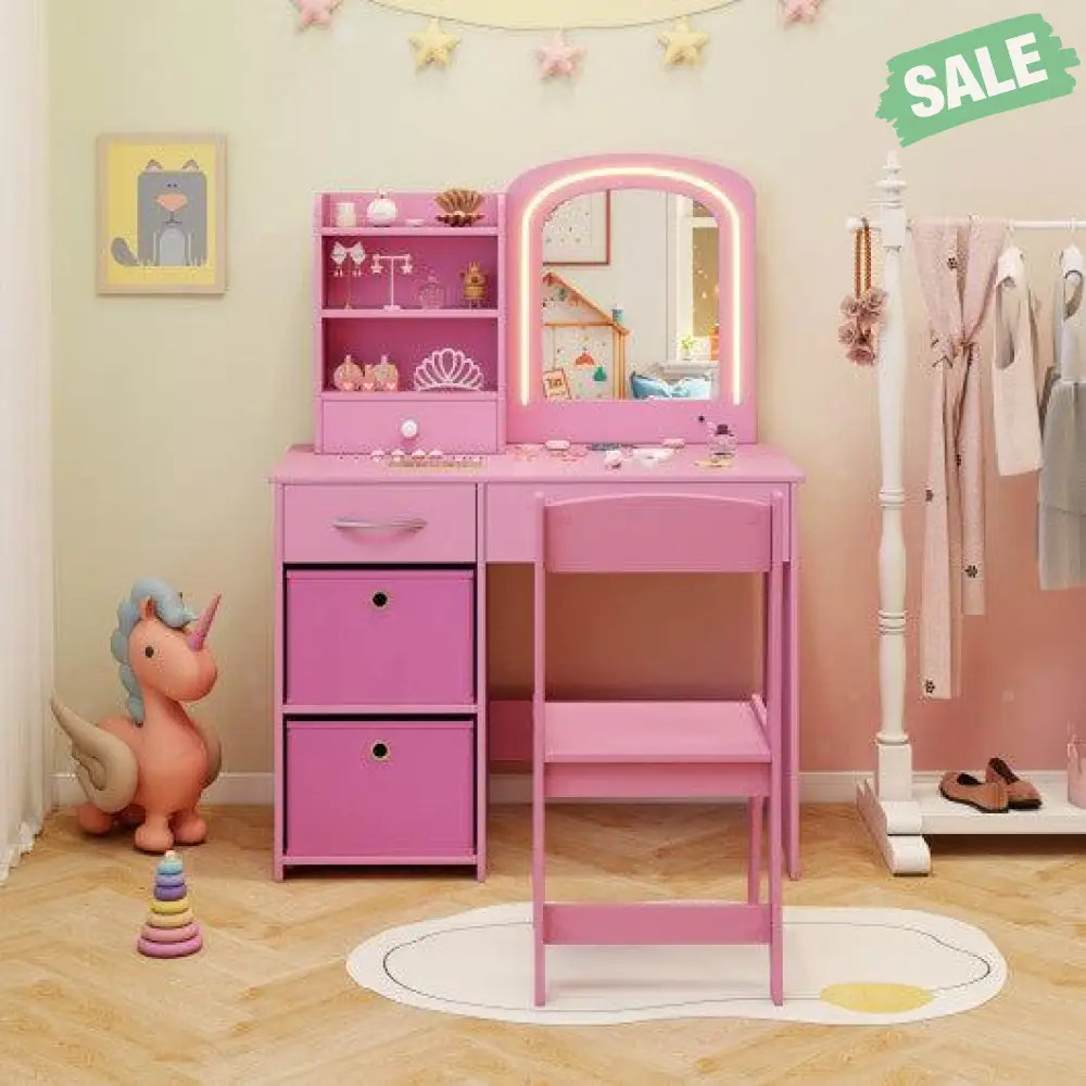 Kids Vanity Set with Lighted Mirror Makeup Desk and Chair Set with Drawers-Pink