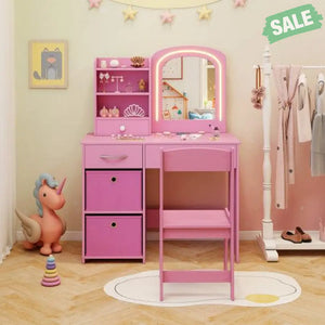 Kids Vanity Set with Lighted Mirror Makeup Desk and Chair Set with Drawers-Pink