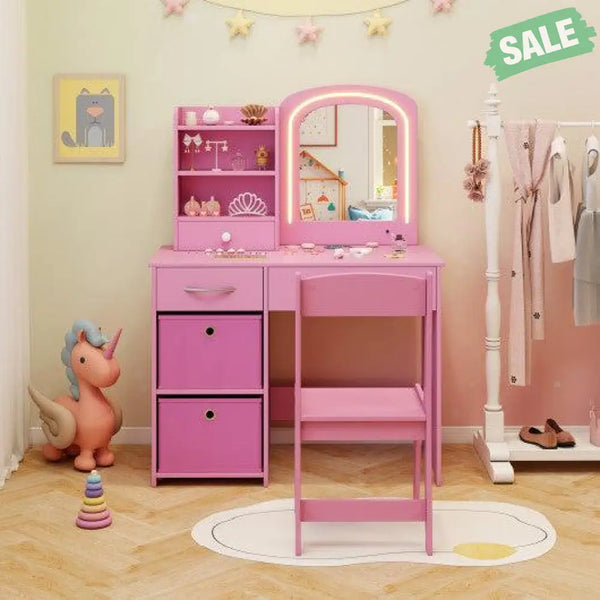 Kids Vanity Set with Lighted Mirror Makeup Desk and Chair Set with Drawers-Pink