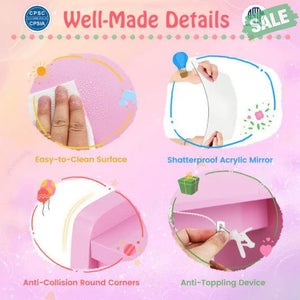 Kids Vanity Set with Lighted Mirror Makeup Desk and Chair Set with Drawers-Pink