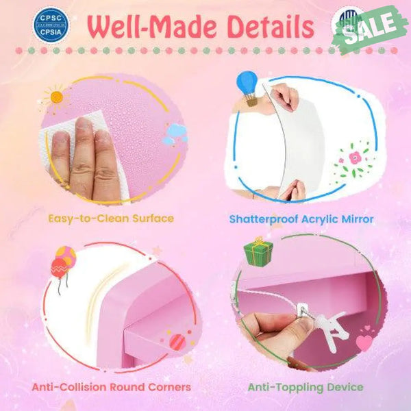 Kids Vanity Set with Lighted Mirror Makeup Desk and Chair Set with Drawers-Pink