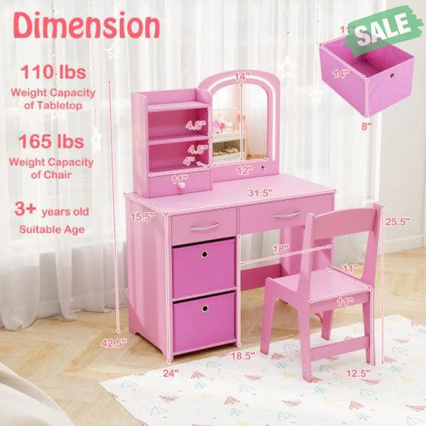 Kids Vanity Set with Lighted Mirror Makeup Desk and Chair Set with Drawers-Pink