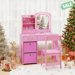Kids Vanity Set with Lighted Mirror Makeup Desk and Chair Set with Drawers-Pink