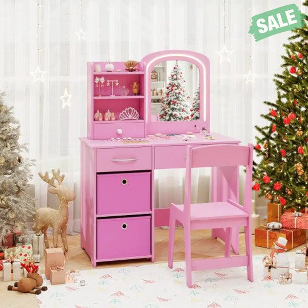 Kids Vanity Set with Lighted Mirror Makeup Desk and Chair Set with Drawers-Pink