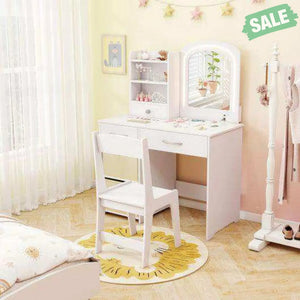 Kids Vanity Set with Lighted Mirror Makeup Desk and Chair Set with Drawers-White White Kids Vanities