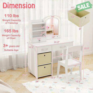 Kids Vanity Set with Lighted Mirror Makeup Desk and Chair Set with Drawers-White White Kids Vanities