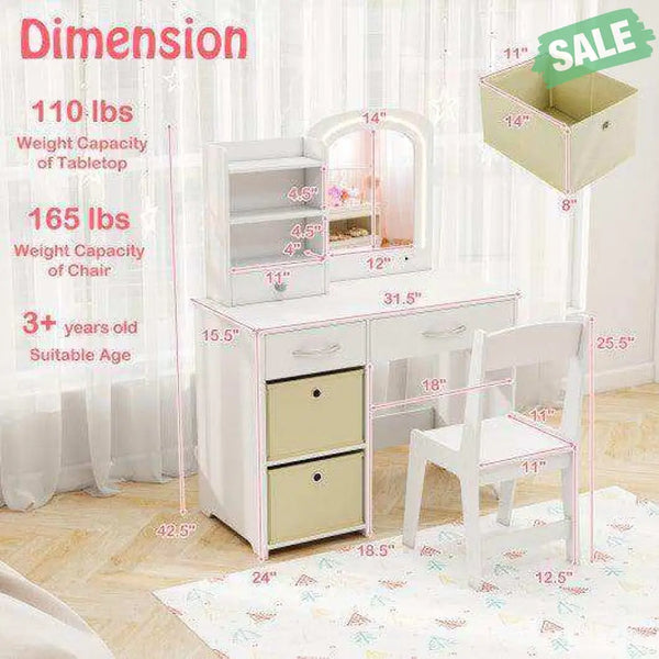 Kids Vanity Set with Lighted Mirror Makeup Desk and Chair Set with Drawers-White White Kids Vanities