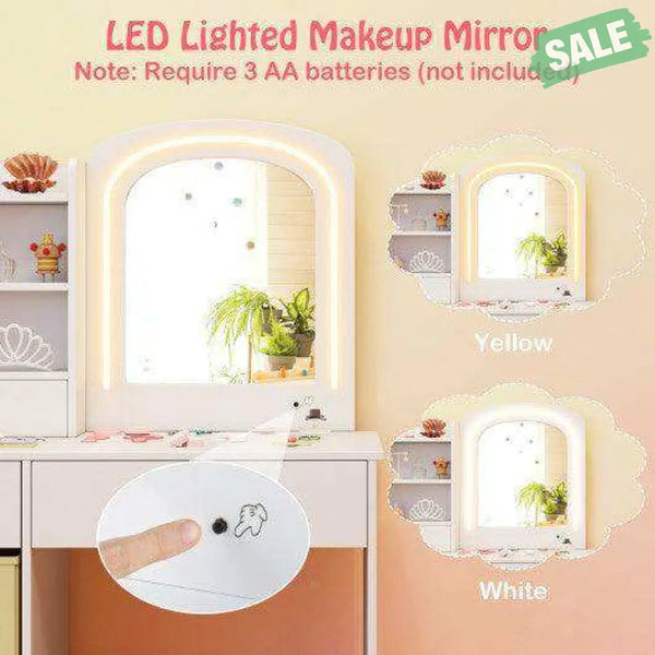 Kids Vanity Set with Lighted Mirror Makeup Desk and Chair Set with Drawers-White White Kids Vanities