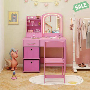 Kids Vanity Set with Lighted Mirror Makeup Desk and Chair Set with Drawers-White White Kids Vanities
