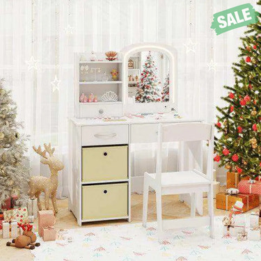 Kids Vanity Set with Lighted Mirror Makeup Desk and Chair Set with Drawers-White White Kids Vanities