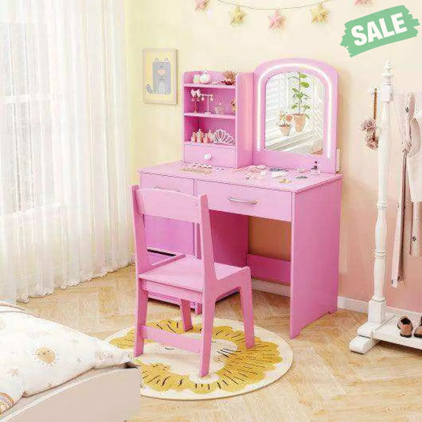 Kids Vanity Set with Lighted Mirror Makeup Desk and Chair Set with Drawers-White White Kids Vanities