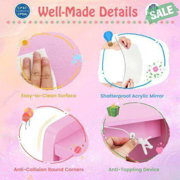 Kids Vanity Set with Lighted Mirror Makeup Desk and Chair Set with Drawers-White White Kids Vanities