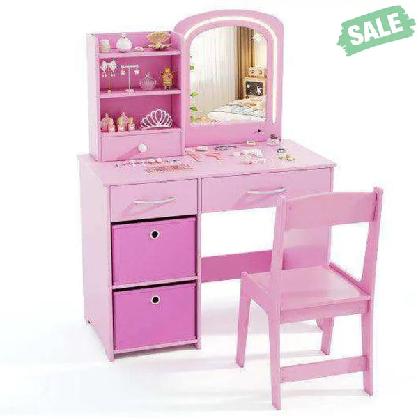 Kids Vanity Set with Lighted Mirror Makeup Desk and Chair Set with Drawers-White White Kids Vanities