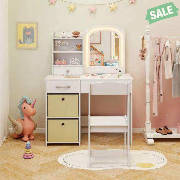 Kids Vanity Set with Lighted Mirror Makeup Desk and Chair Set with Drawers-White White Kids Vanities