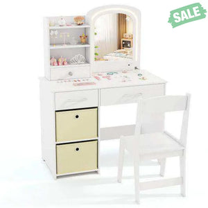 Kids Vanity Set with Lighted Mirror Makeup Desk and Chair Set with Drawers-White White Kids Vanities