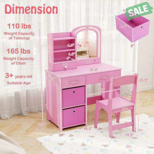 Kids Vanity Set with Lighted Mirror Makeup Desk and Chair Set with Drawers-White White Kids Vanities