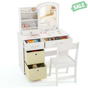 Kids Vanity Set with Lighted Mirror Makeup Desk and Chair Set with Drawers-White White Kids Vanities