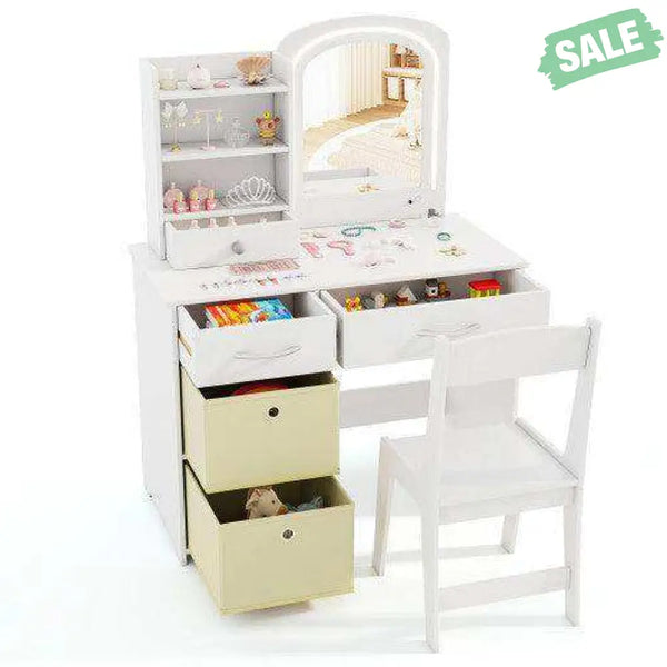Kids Vanity Set with Lighted Mirror Makeup Desk and Chair Set with Drawers-White White Kids Vanities