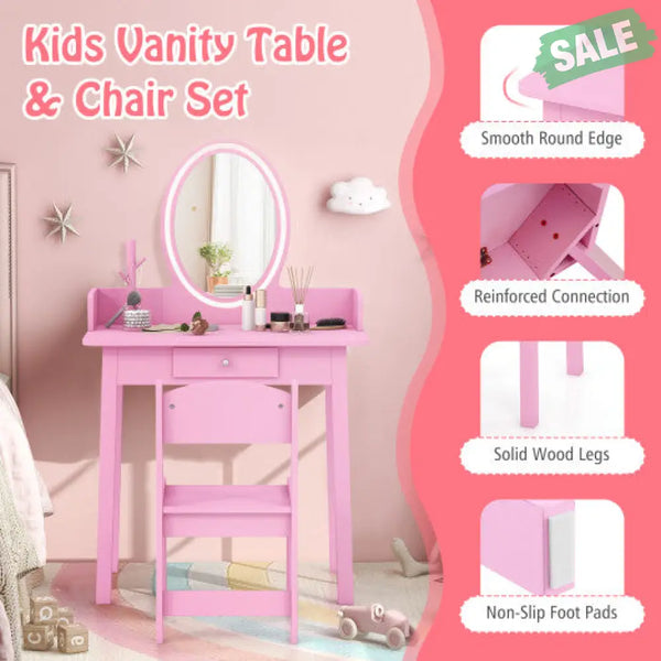 Kids Vanity Set with Lighted Mirror-White Kids Vanities