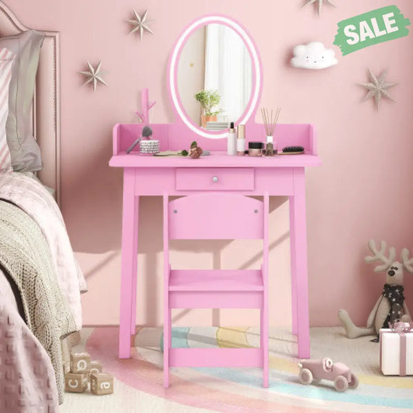 Kids Vanity Set with Lighted Mirror-White Kids Vanities