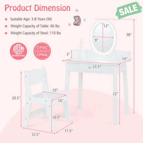 Kids Vanity Set with Lighted Mirror-White Kids Vanities