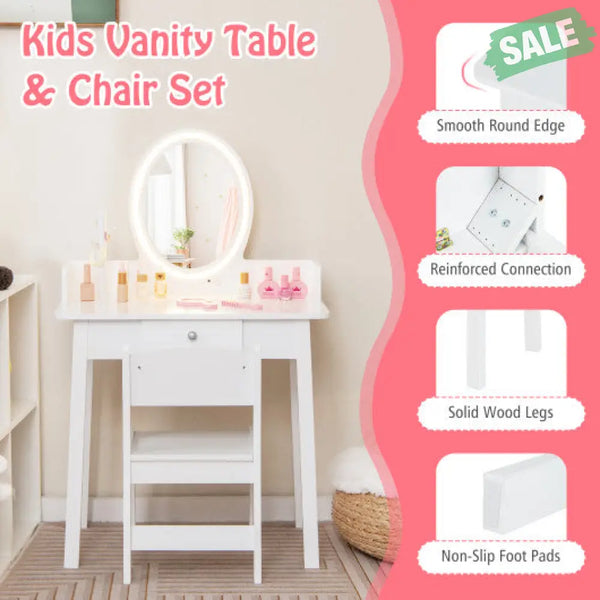 Kids Vanity Set with Lighted Mirror-White Kids Vanities