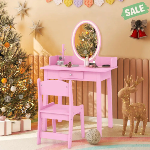 Kids Vanity Set with Lighted Mirror-White Kids Vanities