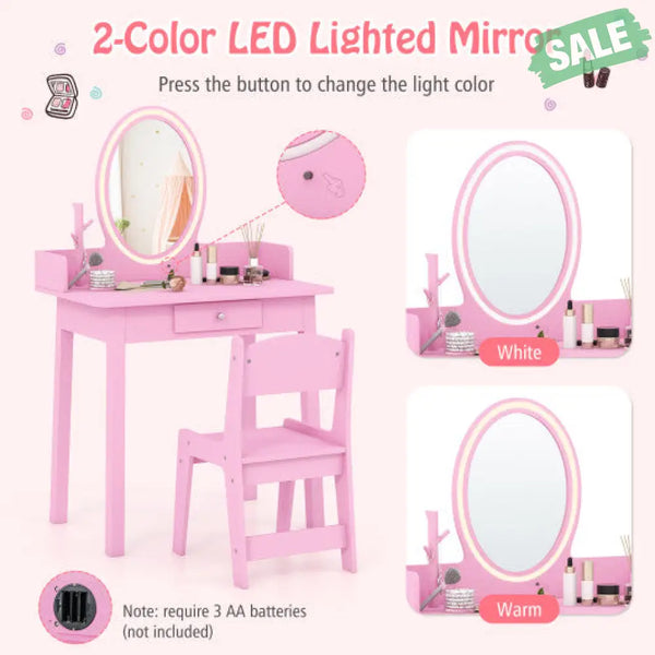 Kids Vanity Set with Lighted Mirror-White Kids Vanities