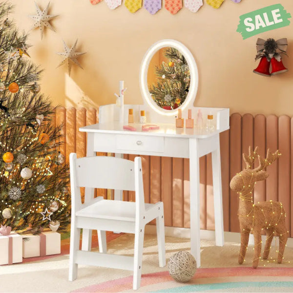 Kids Vanity Set with Lighted Mirror-White Kids Vanities