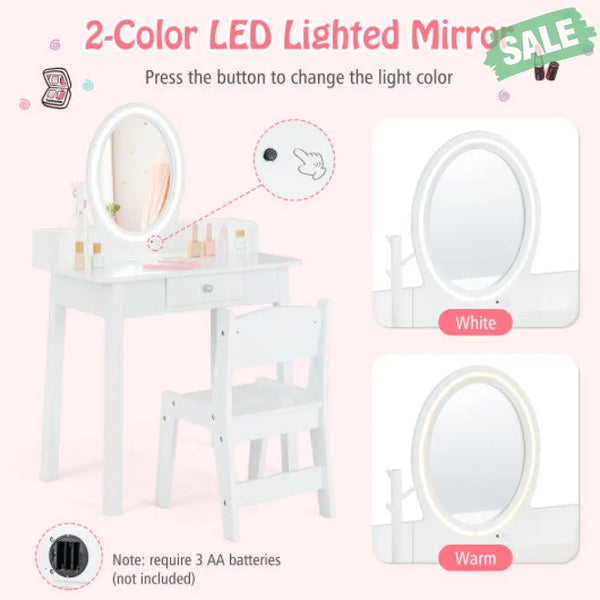 Kids Vanity Set with Lighted Mirror-White Kids Vanities