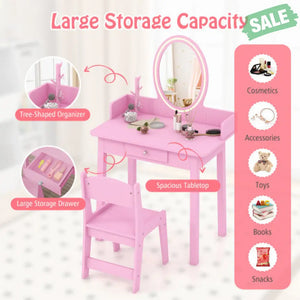 Kids Vanity Set with Lighted Mirror-White Pink Kids Vanities
