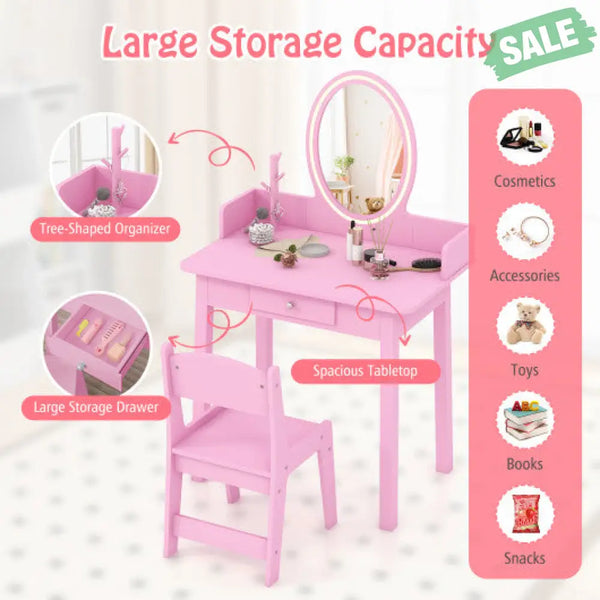 Kids Vanity Set with Lighted Mirror-White Pink Kids Vanities