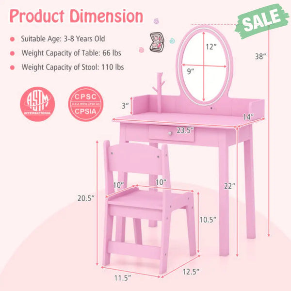 Kids Vanity Set with Lighted Mirror-White Kids Vanities