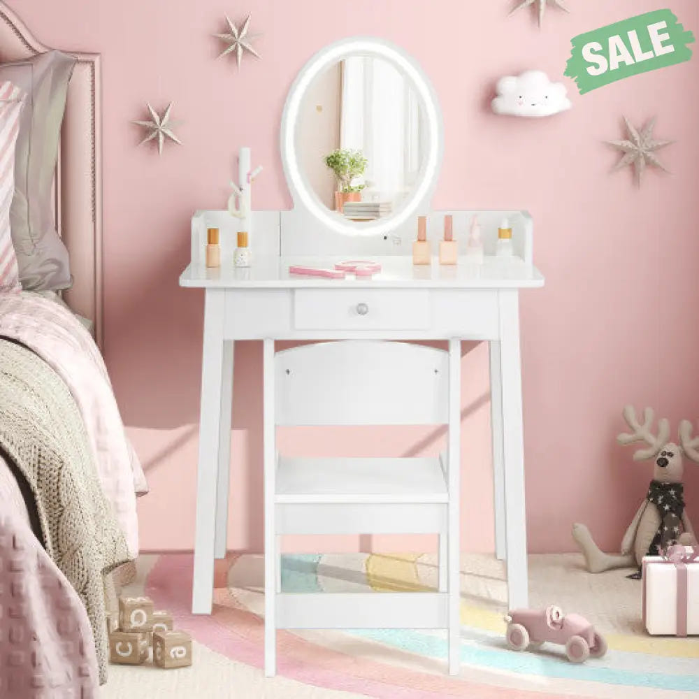 Kids Vanity Set with Lighted Mirror-White Kids Vanities