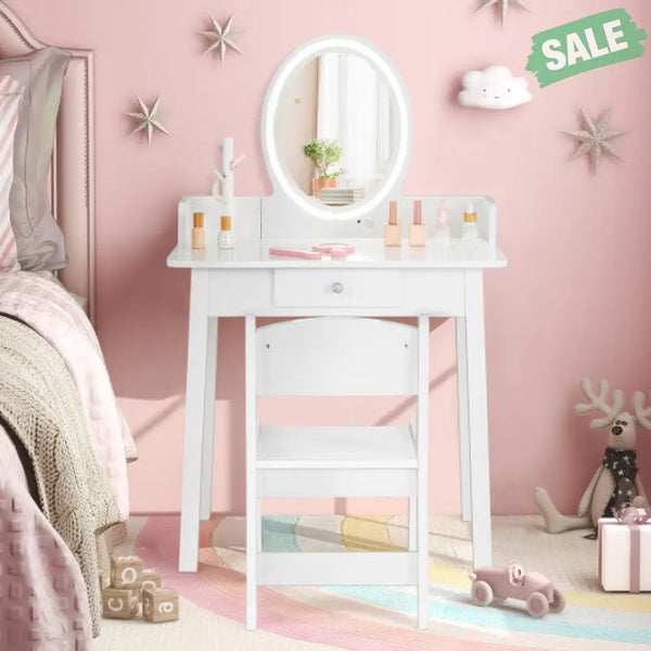 Kids Vanity Set with Lighted Mirror-White Kids Vanities