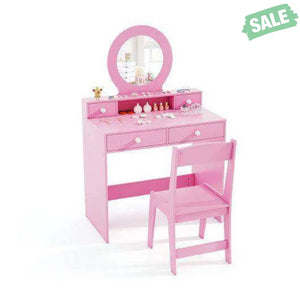 Kids Vanity Set with Mirror Princess Makeup Dressing Desk and Chair Set with Mirror-Pink