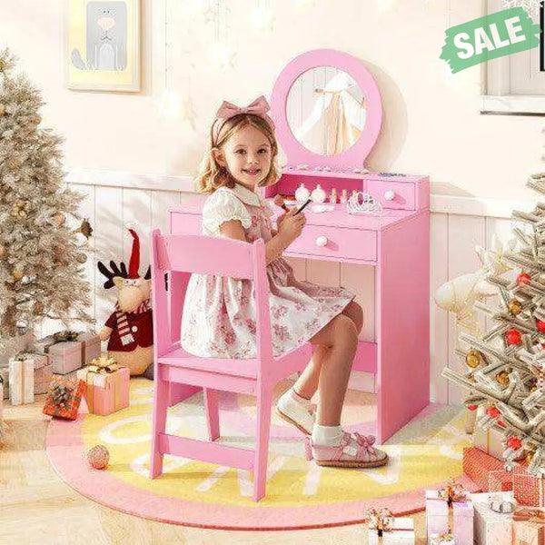 Kids Vanity Set with Mirror Princess Makeup Dressing Desk and Chair Set with Mirror-Pink