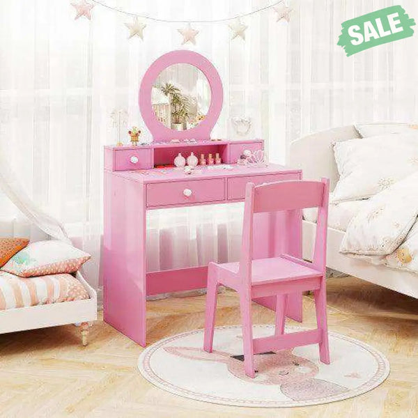 Kids Vanity Set with Mirror Princess Makeup Dressing Desk and Chair Set with Mirror-Pink