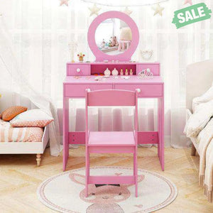 Kids Vanity Set with Mirror Princess Makeup Dressing Desk and Chair Set with Mirror-Pink