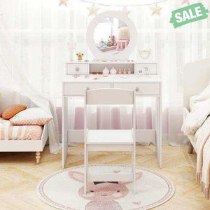 Kids Vanity Set with Mirror Princess Makeup Dressing Desk and Chair Set with Mirror-White White Kids Vanities